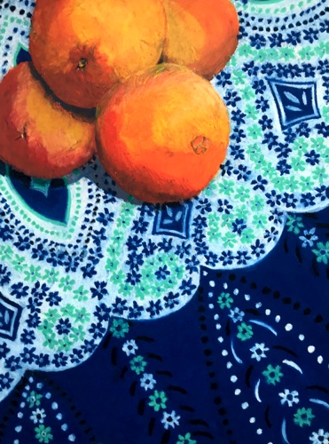 Oranges and Blue; 
oil pastel on Arches CP140; 24 x 18"